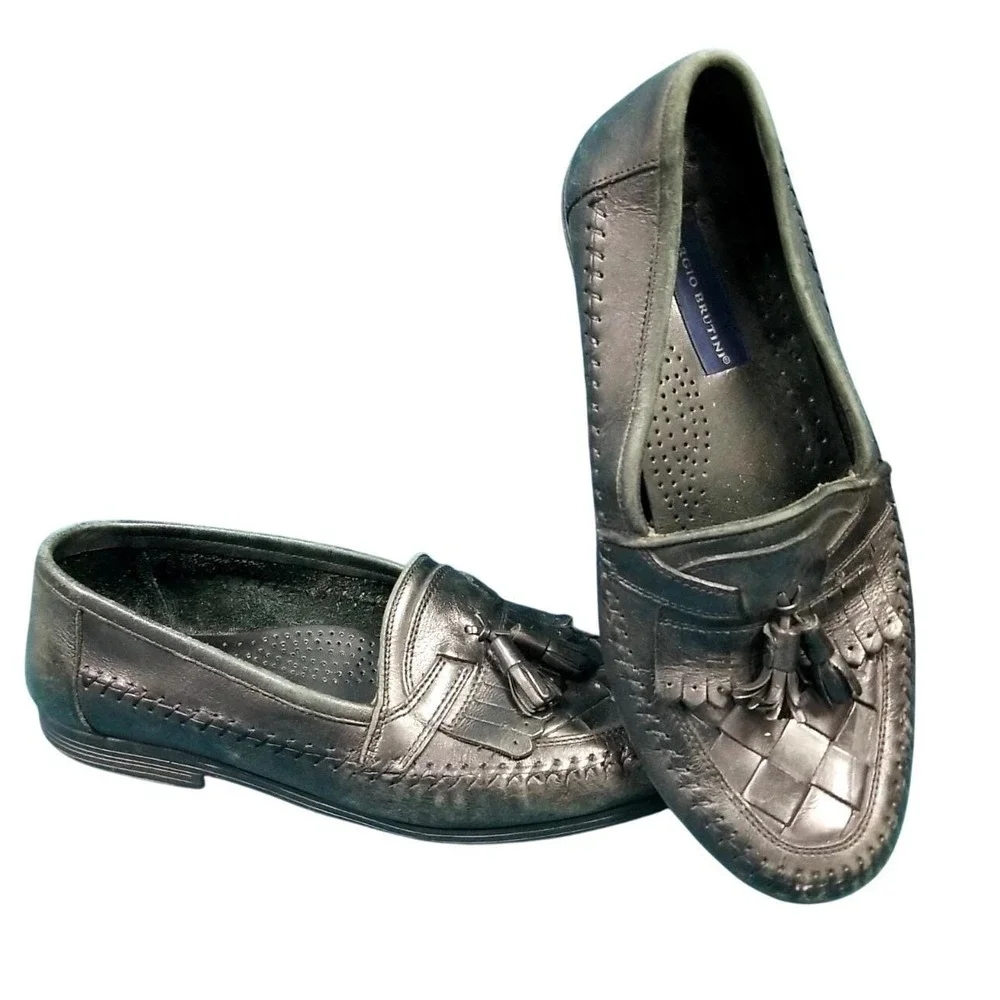 Giorgio Brutini Naples Tassel Loafers Black‎ Leather Size 9.5 D Moc Toe Academia